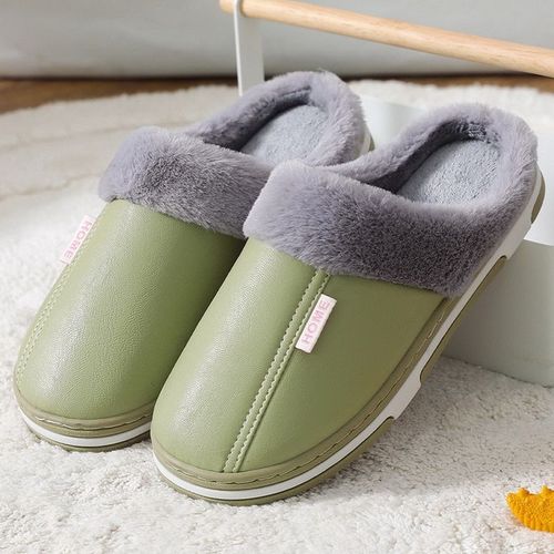 Chaussures D'intérieur Imperméables Pour Hommes Et Femmes, Pantoufles D'hiver Pour La Maison, En Faux Cuir, Peluche Chaude, Antidérapantes - 46-47