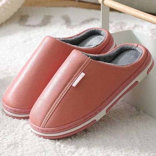 Chaussures D'intérieur Imperméables Pour Hommes Et Femmes, Pantoufles D'hiver Pour La Maison, En Faux Cuir, Peluche Chaude, Antidérapantes - 46-47