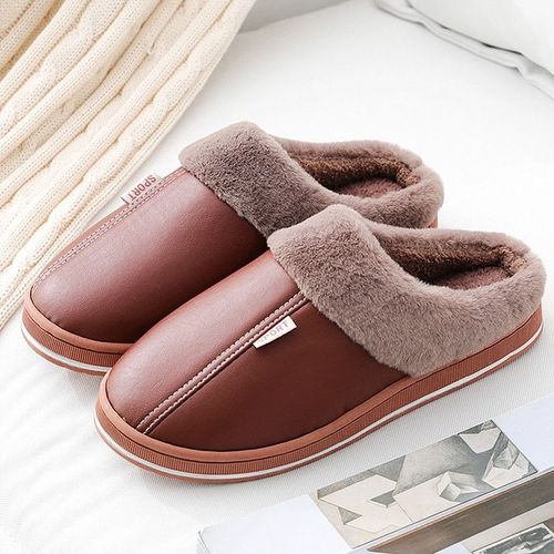 Chaussures D'intérieur Imperméables Pour Hommes Et Femmes, Pantoufles D'hiver Pour La Maison, En Faux Cuir, Peluche Chaude, Antidérapantes