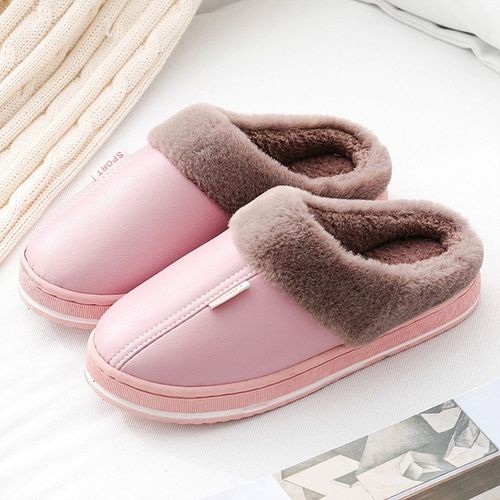 Chaussures D'intérieur Imperméables Pour Hommes Et Femmes, Pantoufles D'hiver Pour La Maison, En Faux Cuir, Peluche Chaude, Antidérapantes