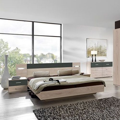 Lit 160x200 Cm Avec 2 Chevets Chêne Clair Et Anthracite - Massa