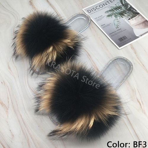 Claquettes En Fourrure Pour Femmes, Pantoufles Duveteuses Avec Fourrure, Sandales Transparentes, Tongs D'été