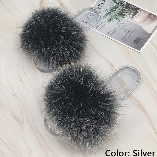 Claquettes En Fourrure Pour Femmes, Pantoufles Duveteuses Avec Fourrure, Sandales Transparentes, Tongs D'été