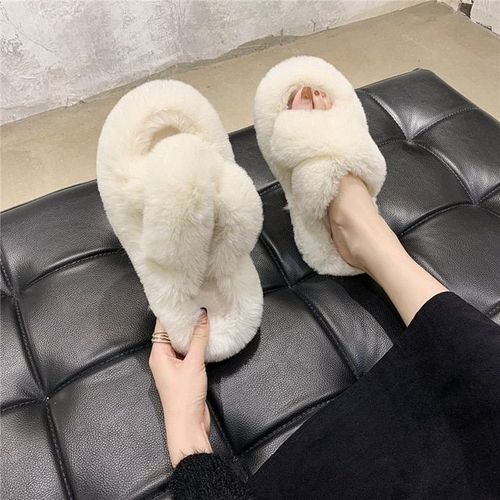 Diapositives En Fausse Fourrure Pour Femmes, Chaussures D'hiver Confortables, Pantoufles Duveteuses Talons Plats Etpais