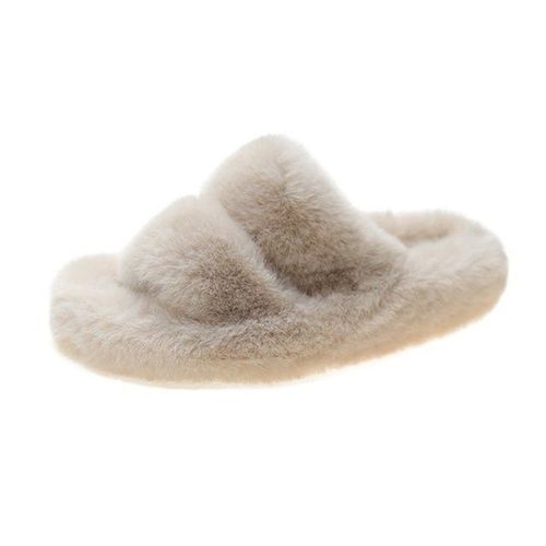Diapositives En Fausse Fourrure Pour Femmes, Chaussures D'hiver Confortables, Pantoufles Duveteuses Talons Plats Etpais