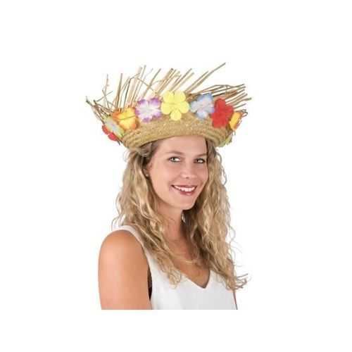 Chapeau De Paille Hawaïen Avec Ceinture De Fleurs Multicolores - Ptit Clown - Accessoire De Déguisement Adulte