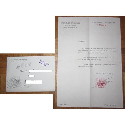 Lettre Du Cabinet Militaire Ministère Des Départements Et Térritoires D'outre-Mer Aide Technique Juin 1972