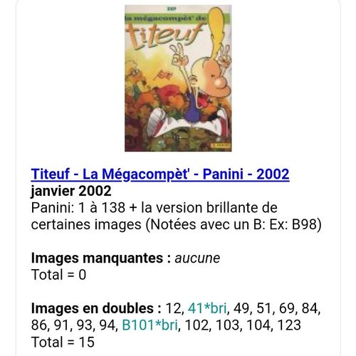 Titeuf - La Mégacompèt' - Panini - 2002 - Liste Des Images Pour Un Lot