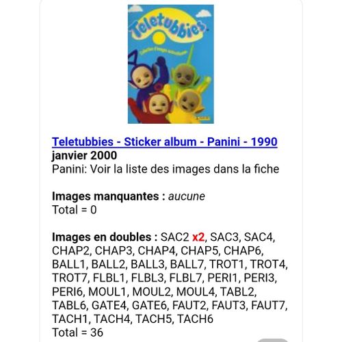 Teletubbies - Sticker Album - Panini - 1990 - Liste Des Images Pour Un Lot