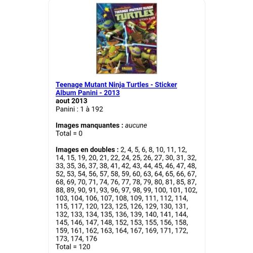 Teenage Mutant Ninja Turtles - Sticker Album Panini - 2013 - Liste Des Images Pour Un Lot