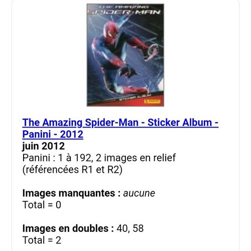 The Amazing Spider-Man - Sticker Album - Panini - 2012 - Liste Des Images Pour Un Lot