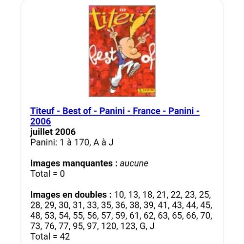 Titeuf - Best Of - France - Panini - 2006 - Liste Des Images Pour Un Lot