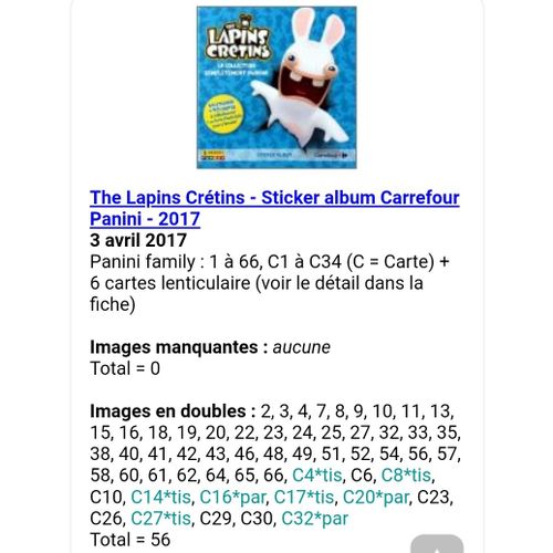 The Lapins Crétins - Sticker Album Carrefour Panini - 2017 - Liste Des Images Pour Un Lot