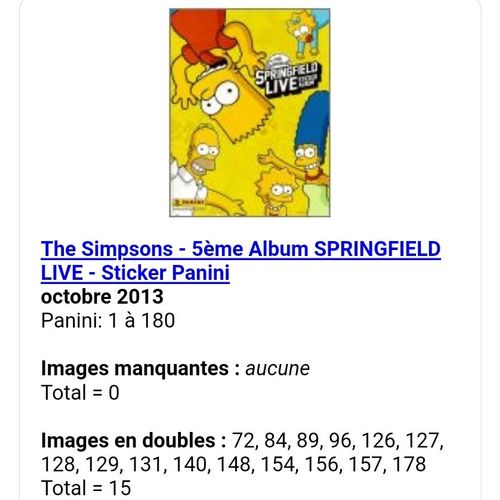 The Simpsons - 5ème Album Springfield Live - Sticker Panini - Liste Des Images Pour Un Lot