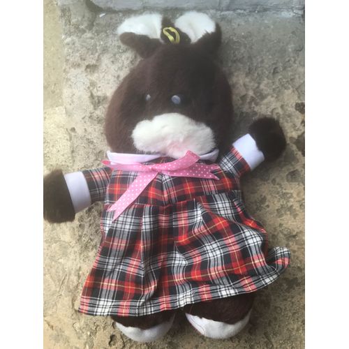 Lapin Doudou Marron Et Blanc Avec Robe Tissus Écossais - Noeud Rose Au Cou - Environ 30 Cm De Hauteur - Marque Sandy 