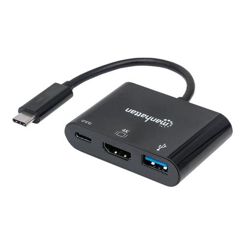 Manhattan USB-C Dock/Hub, Ports (x3): HDMI, USB-A and USB-C, 5 Gbps (USB 3.2 Gen1 aka USB 3.0), With Power Delivery (60W) to USB-C Port (Note additional USB-C wall charger and USB-C cable...
