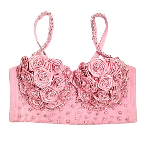 Soutien-Gorge Bustier Perlé Avec Perles Florales Roses 3d Pour Femmes,Corset À Bretelles Spaghetti,Bralette 449b