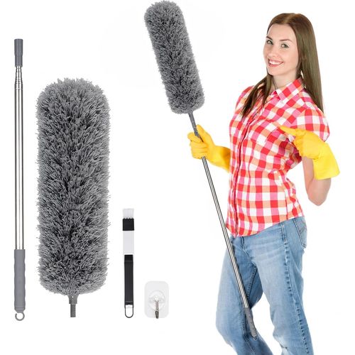 Plumeau Telescopique, Microfibre Plumeau Poussiere, Longueur Totale Jusqu'à 280cm, [Lavable & Attire la Poussière] Tête de Loup pour Plafonds, Voitures, Nettoyage Ménager