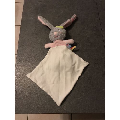 Doudou Lapin Cajou Gris Rose Noeud Vert Mouchoir Blanc Sucre D'orge
