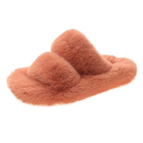 Diapositives En Fausse Fourrure Pour Femmes, Chaussures D'hiver Confortables, Pantoufles Duveteuses Talons Plats Etpais