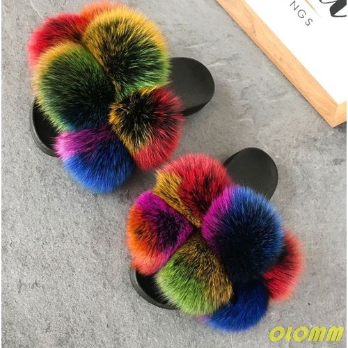Diapositives En Vraie Fourrure De Renard Pour Femmes, Sandales Plates Et Moelleuses, Chaussures De Maison En Fourrure De Raton Laveur Pour Femmes, Vente En Gros - 37 1/2