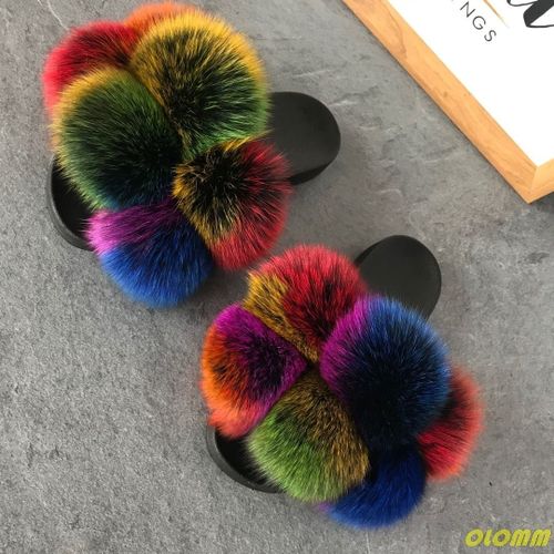Diapositives En Vraie Fourrure De Renard Pour Femmes, Sandales Plates Et Moelleuses, Chaussures De Maison En Fourrure De Raton Laveur Pour Femmes