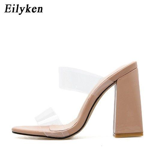 Eilyken Summer Square High Heels Mules Women Slippers Pvc Transparent Slides Casual Slippers Shoes