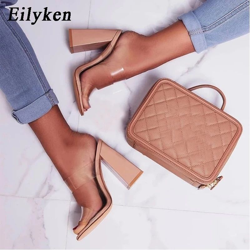 Eilyken 2022 Summer Square High Heels Mules Women Slippers P... - 2