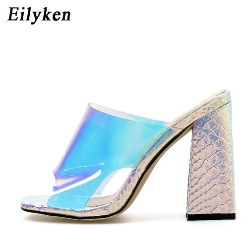 Eilyken Summer Square High Heels Mules Women Slippers Pvc Transparent Slides Casual Slippers Shoes