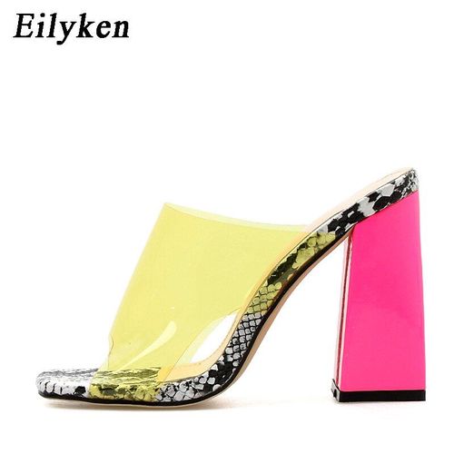 Eilyken Summer Square High Heels Mules Women Slippers Pvc Transparent Slides Casual Slippers Shoes