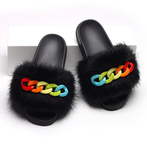 Femmes Fausse Croc Fourrure Claquette Fourrure Pantoufles Tongs Mignon Femelle Fourrure Diapositives Coloré Chaîne Décoration Style Chaussures Femme Marque Chaussures Chausson Femme Claquette Femme