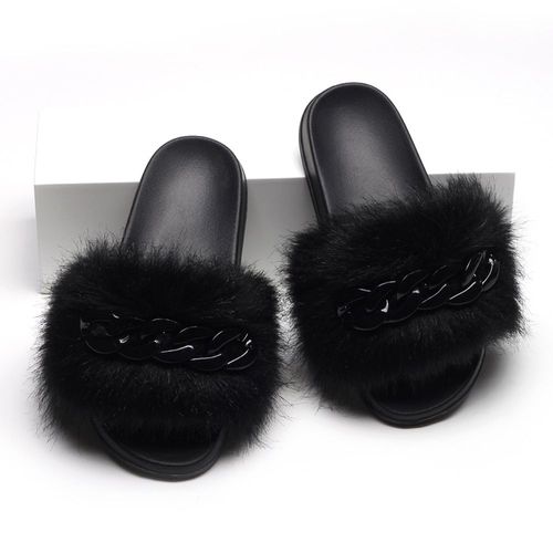 Femmes Fausse Croc Fourrure Claquette Fourrure Pantoufles Tongs Mignon Femelle Fourrure Diapositives Coloré Chaîne Décoration Style Chaussures Femme Marque Chaussures Chausson Femme Claquette Femme