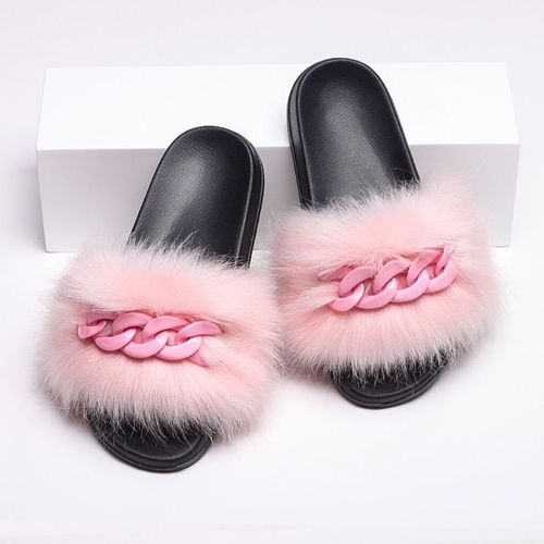 Femmes Fausse Croc Fourrure Claquette Fourrure Pantoufles Tongs Mignon Femelle Fourrure Diapositives Coloré Chaîne Décoration Style Chaussures Femme Marque Chaussures Chausson Femme Claquette Femme