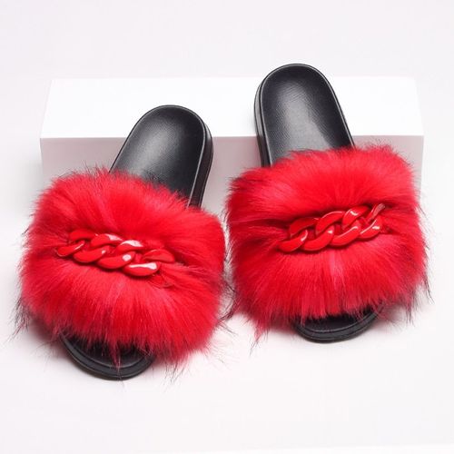 Femmes Fausse Croc Fourrure Claquette Fourrure Pantoufles Tongs Mignon Femelle Fourrure Diapositives Coloré Chaîne Décoration Style Chaussures Femme Marque Chaussures Chausson Femme Claquette Femme