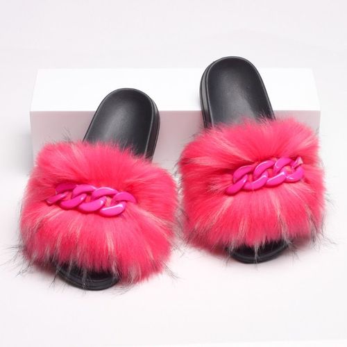 Femmes Fausse Croc Fourrure Claquette Fourrure Pantoufles Tongs Mignon Femelle Fourrure Diapositives Coloré Chaîne Décoration Style Chaussures Femme Marque Chaussures Chausson Femme Claquette Femme