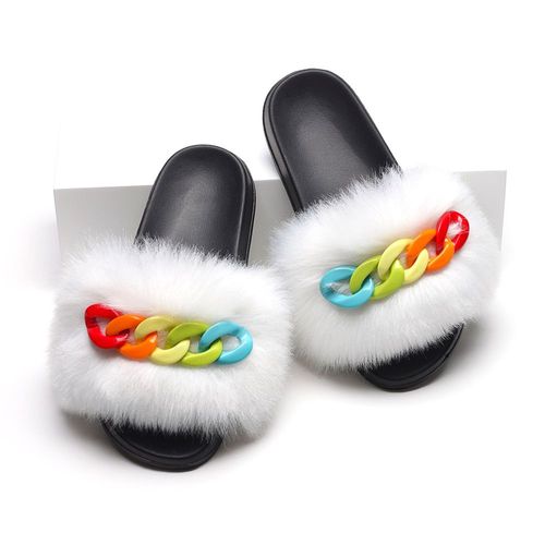 Femmes Fausse Croc Fourrure Claquette Fourrure Pantoufles Tongs Mignon Femelle Fourrure Diapositives Coloré Chaîne Décoration Style Chaussures Femme Marque Chaussures Chausson Femme Claquette Femme