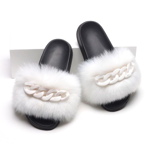 Femmes Fausse Croc Fourrure Claquette Fourrure Pantoufles Tongs Mignon Femelle Fourrure Diapositives Coloré Chaîne Décoration Style Chaussures Femme Marque Chaussures Chausson Femme Claquette Femme