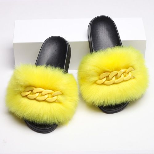 Femmes Fausse Croc Fourrure Claquette Fourrure Pantoufles Tongs Mignon Femelle Fourrure Diapositives Coloré Chaîne Décoration Style Chaussures Femme Marque Chaussures Chausson Femme Claquette Femme