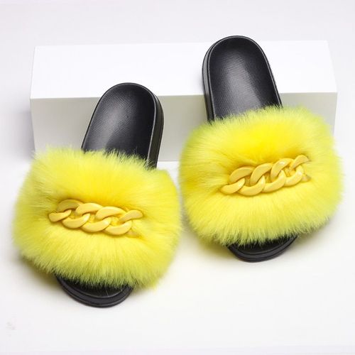 Femmes Fausse Croc Fourrure Claquette Fourrure Pantoufles Tongs Mignon Femelle Fourrure Diapositives Coloré Chaîne Décoration Style Chaussures Femme Marque Chaussures Chausson Femme Claquette Femme