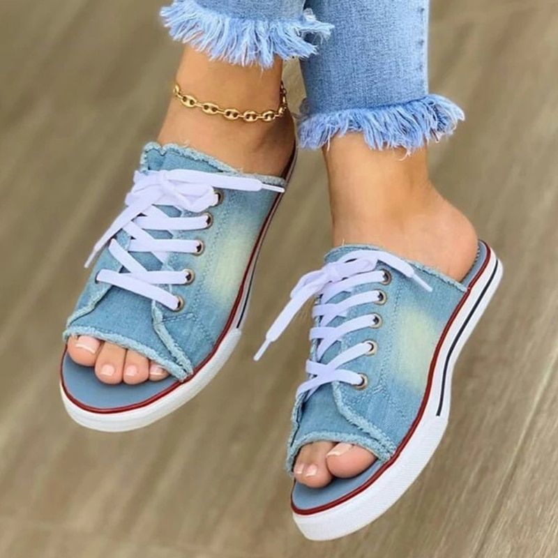 Femmes Toile Pantoufle Plat 2021 Femme Lacets Dames Peep Toe... - 3