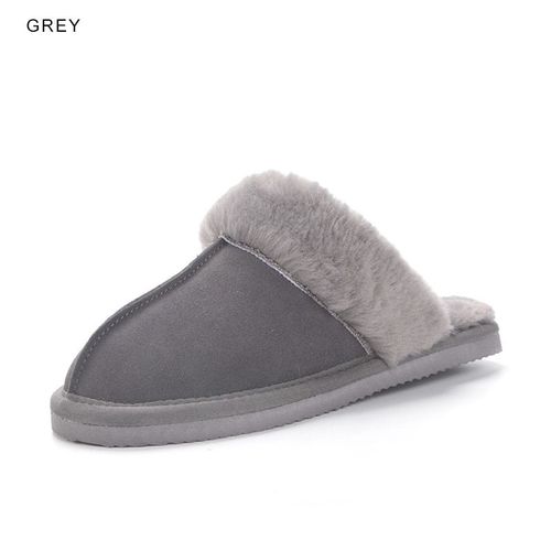 Inoe Vache Daim Cuir Peluche Fourrure Doublé Femmes Décontracté Hiver Pantoufles Demi Intérieur Maison Chaussures Chaud Confortable Maison Loisirs Appartements