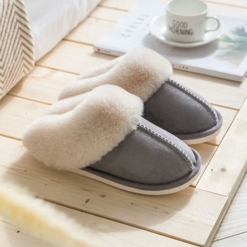 Luxury Faux Suede Home Women Full Fur Slippers Winter Warm Plush Bedroom Non-slip Couples Shoes Indoor Ladies Furry Slippers