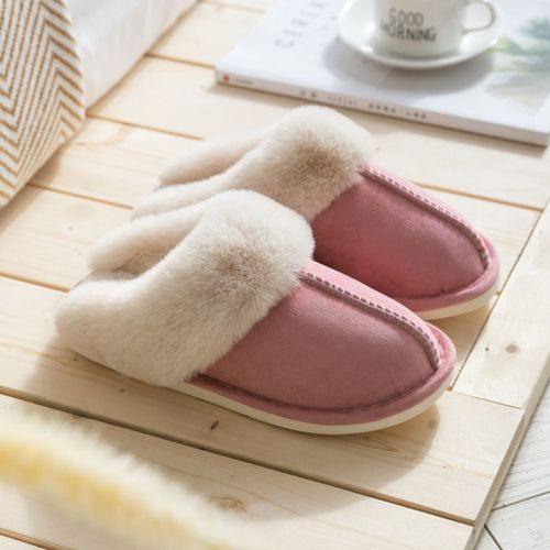Luxury Faux Suede Home Women Full Fur Slippers Winter Warm Plush Bedroom Non-slip Couples Shoes Indoor Ladies Furry Slippers
