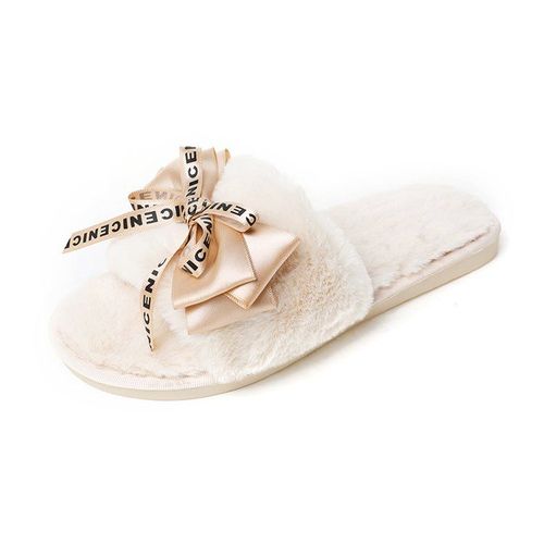 Mignons Chaussons En Peluche Type Mules Pour Femmes, Pantoufles Plates Et Chaudes Avec Fausse Fourrure Et N¿ud Papillon, Disponible En Grande Taille 41