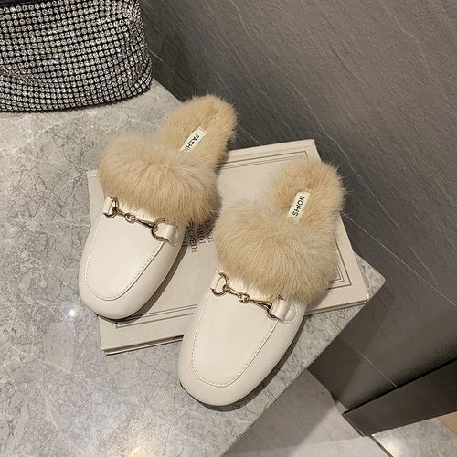 Mules Boucle En Métal Pour Femmes, Mocassins, Chaussures De Grossesse, Pantoufles Duveteuses Baotou, Automne Hiver