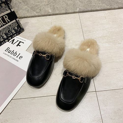 Mules Boucle En Métal Pour Femmes, Mocassins, Chaussures De Grossesse, Pantoufles Duveteuses Baotou, Automne Hiver