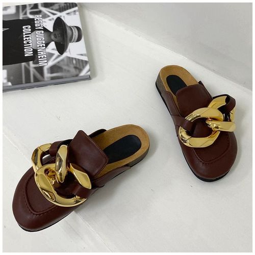 Mules Bout Fermé Pour Femmes, Nouveau Design De Marque De Chaîne En Métal Doré, Chaussures Bout Rond Et Talons Bas, Tongs Décontractées