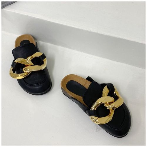 Mules Bout Fermé Pour Femmes, Nouveau Design De Marque De Chaîne En Métal Doré, Chaussures Bout Rond Et Talons Bas, Tongs Décontractées