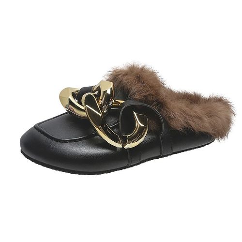Mules Chaîne En Métal Et Fourrure Véritable Pour Femme, Mocassins Bout Rond, Chaussures Décontractées, Tongs Duveteuses Et Poilues, Hiver