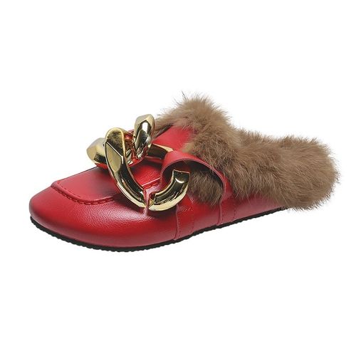 Mules Chaîne En Métal Et Fourrure Véritable Pour Femme, Mocassins Bout Rond, Chaussures Décontractées, Tongs Duveteuses Et Poilues, Hiver
